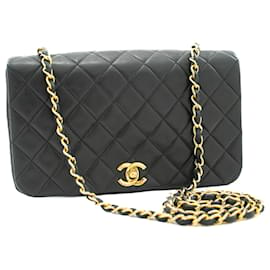 Chanel-CHANEL Bolso de hombro de cadena con solapa completa Piel de cordero acolchada negra-Negro