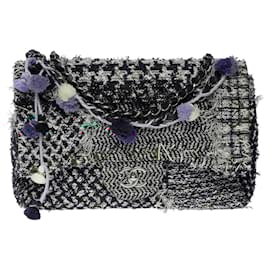Chanel-Chanel Timeless/Classique Jumbo Limited Edition Pompon Flap Handbag in Quilted Tweed Multicolored (Navy, White and red)-Multiple colors