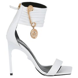 Versace Safety Pin Leather Heel Sandals White