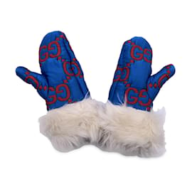 Gucci-Blue and Red Monogram Ski Gloves Shearling Trim Size 8.5 S-Blue