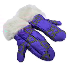 Gucci-Blue and Red Monogram Ski Gloves Shearling Trim Size 8.5 S-Blue