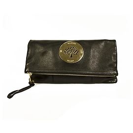 Mulberry Daria foldable black leather clucth bag with large gold tone tree logo Black