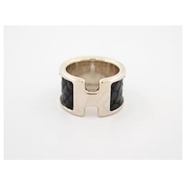 Hermès-HERMES OLYMPE RING SIZE 53 METAL AND LEATHER HERRINGBONE STEEL LEATHER RING-Other