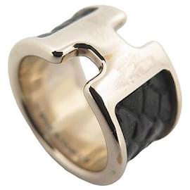 Hermès-HERMES OLYMPE RING SIZE 56 GOLD METAL & BLACK GRAIN LEATHER RING-Other