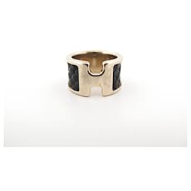 Hermès-HERMES OLYMPE RING SIZE 56 GOLD METAL & BLACK GRAIN LEATHER RING-Other