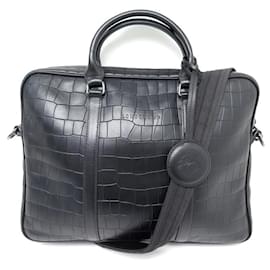 Longchamp-LONGCHAMP BRIEFCASE BAG BLOCK XS CROCO LEATHER CROSSBODY BAG-Black