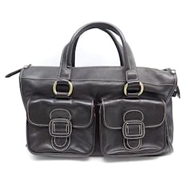 Céline-CELINE HANDBAG POCKETS BROWN GRAINED LEATHER & WHITE STITCHING HAND BAG-Brown