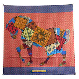 Hermès-NEW HERMES A CHEVAL SCARF ON MON CARRE 90 SILK SCARF BOX BARRET-Red