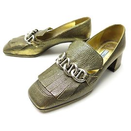 CHAUSSURES PRADA MOCASSINS FRANGES & CHAINE 36.5 IT 37.5 FR CUIR DORE SHOES Doré