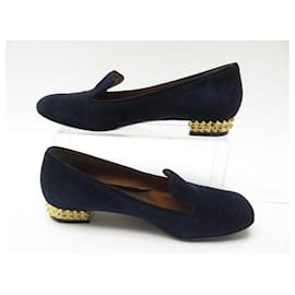 Fendi-FENDI TUXEDO SAPATOS COM SALTO COM ESTADIAS 37.5IT 38.5CHINELO DE CAMURÇA FR AZUL MARINHO-Azul marinho