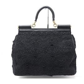 Dolce & Gabbana-HANDBAG DOLCE & GABBANA SICILY LARGE MACRAME EMBROIDERED LACE LACED BAG-Black