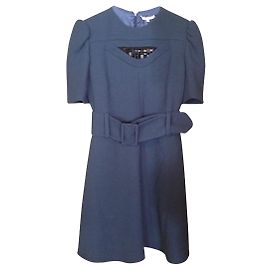 Vestido Carven de lã azul com cinto e pérolas pretas Azul