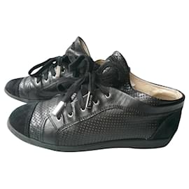 Chanel-CHANEL Tennis "Perforated" T leather sneakers38 IT / BLACK Very good condition-Black