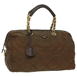 Prada-PRADA Quilted Chain Hand Bag Nylon Brown Auth 36963-Brown