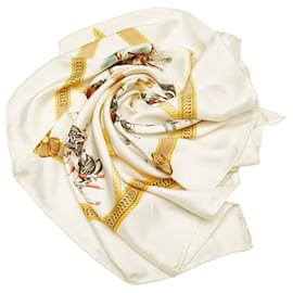 Hermès-Hermes White General L’Hotte Silk Scarf-White,Multiple colors