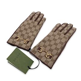 Gucci-Monogram Canvas and Leather Women Horsebit Gloves Size 8 l-Brown