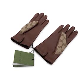 Gucci-Monogram Canvas and Leather Women Horsebit Gloves Size 8 l-Brown