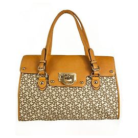 Bolsa de mão Donna Karan DKNY Signature Lona Bege Couro com aba Bege