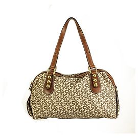 Bolsa Donna Karan DKNY Signature Lona Marrom Couro Studs Bolsa Bolsa Marrom
