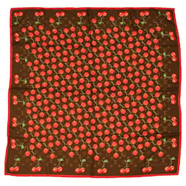Louis Vuitton-LOUIS VUITTON Monogram Cherry Takashi Murakami Scarf Silk Red Brown Auth am3844-Brown,Red