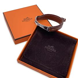 Hermès-Hermes Brown Leather Bracelet Silver Metal Buckle with Box-Brown