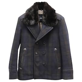 Hugo Boss-Boss Fur-Trimmed Plaid Double Breasted Coat in Navy Blue Wool-Blue,Navy blue