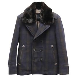 Hugo Boss Boss Pelzbesetzter, karierter, gefütterter Brustmantel aus marineblauer Wolle Blau Marineblau