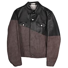 Bottega Veneta-Bottega Veneta Blouson Two-Tone Jacket in Black Leather and Brown Cotton-Brown