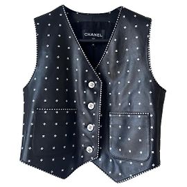 Chanel LOGO CC ärmellose Lederweste schwarz Schwarz