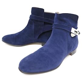 Hermès-HERMES SHOES NEO ANKLE BOOTS 162134Z SANGLONS KELLY 38 BLUE SUEDE SHOES-Blue