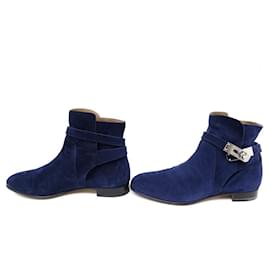 Hermès-HERMES SHOES NEO ANKLE BOOTS 162134Z SANGLONS KELLY 38 BLUE SUEDE SHOES-Blue
