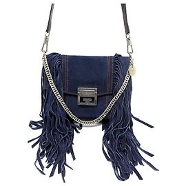 NEW GIVENCHY SMALL FRINGE GV HANDBAG3 BLUE SUEDE SHOULDER HAND BAG Navy blue