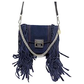 Givenchy-NEW GIVENCHY SMALL FRINGE GV HANDBAG3 BLUE SUEDE SHOULDER HAND BAG-Navy blue