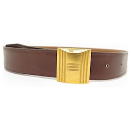 Hermès-VINTAGE HERMES BELT ENGRAVED H BUCKLE 70 CM IN GOLD LEATHER AND BROWN BELT-Other