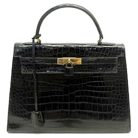 Hermès-VINTAGE HERMES KELLY HANDBAG 32 SELLIER IN BLACK CROCODILE LEATHER HAND BAG-Black