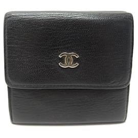 Chanel-VINTAGE CHANEL WALLET COIN PURSE LOGO CC LEATHER CARD HOLDER WALLET-Black
