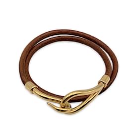 Hermès-Hermes Tan Leather lined Tour Gold Metal Jumbo Hook Bracelet-Brown