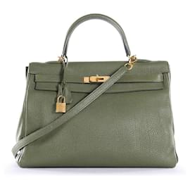 Hermès-Hermes Olive Green Clemence Leather Gold Hardware Kelly Retourne 35 Bag-Green,Olive green
