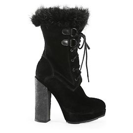 Moncler Schwarzes Wildleder & Biberfell Plattform Schnürstiefel Schwarz