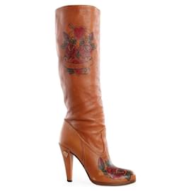 Gucci-Gucci Brown Leather With Red/Green Floral Print Knee Boots-Brown