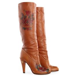Gucci-Gucci Brown Leather With Red/Green Floral Print Knee Boots-Brown