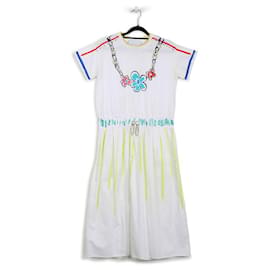 Autre Marque-Mira Mikati White Cotton & Multicolor Prints Gathered Waist Short Sleeves Midi Dress-Multiple colors
