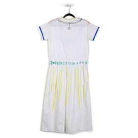Autre Marque-Mira Mikati White Cotton & Multicolor Prints Gathered Waist Short Sleeves Midi Dress-Multiple colors