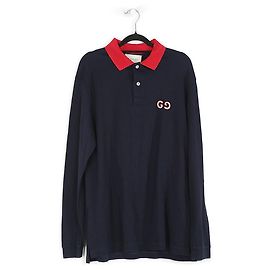 Polo a maniche lunghe GG con collo rosso in cotone blu navy Gucci Blu Blu navy