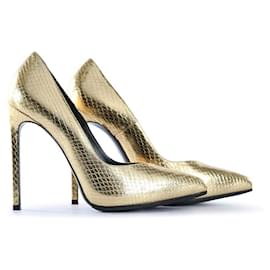 Saint Laurent-Saint Laurent Gold Python Embossed Leather Pumps-Golden,Metallic
