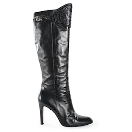 Gucci-Gucci Black Leather Knee Boots With Crocodile Leather Inserts-Black