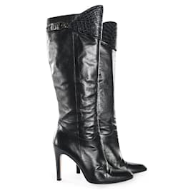 Gucci-Gucci Black Leather Knee Boots With Crocodile Leather Inserts-Black