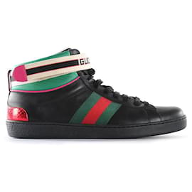 Gucci-Gucci Black & Multicolor Leather Web Stripe Ace High Top Sneakers-Multiple colors