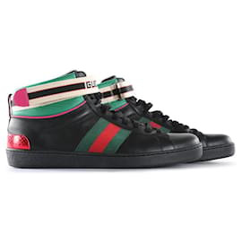 Gucci-Gucci Black & Multicolor Leather Web Stripe Ace High Top Sneakers-Multiple colors
