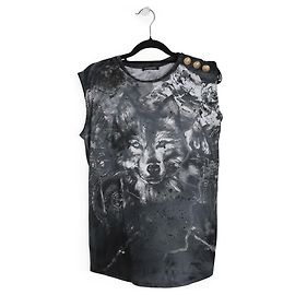 Balmain Grey/Black/White Cotton Wolf Print Tank Top With Gold Buttons Multiple colors